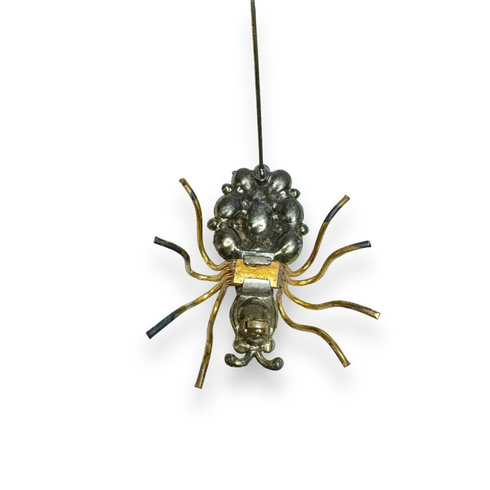 Art Nouveau Jadeite Brass Spider Brooch Green Crystal - Picture 11 of 16